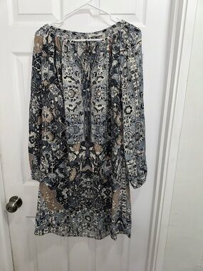 Mes Demoiselles 100% Silk Boho Long-Sleeve Paisley Tunic Dress in Blue and Tan